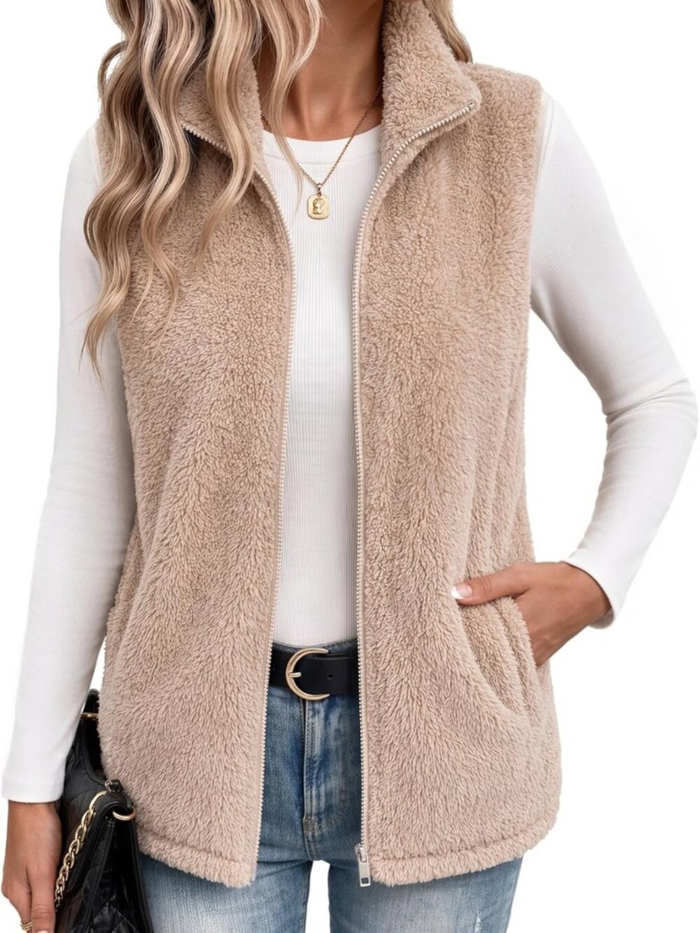 Cozy Sleeveless Sherpa Fleece Vest for Women - Zip Up Fall Jacket, Warm Layering